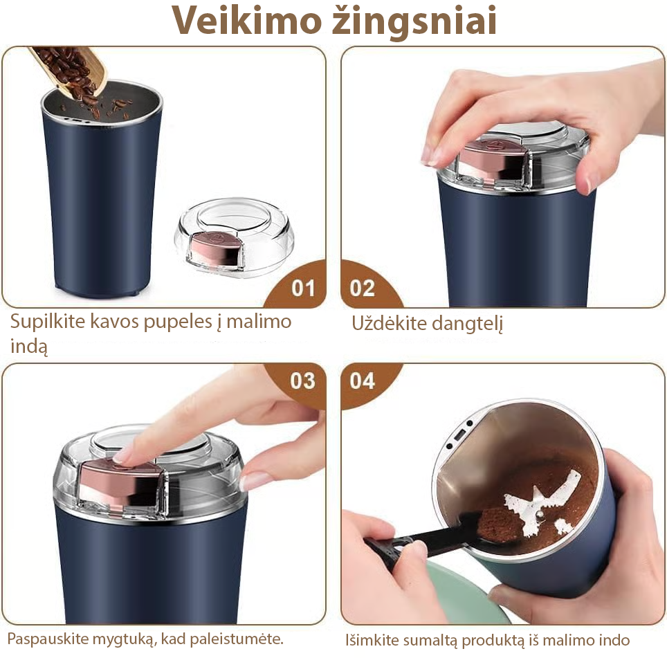 8 Ašmenų Elektrinis Kavos ir Prieskonių Malūnėlis